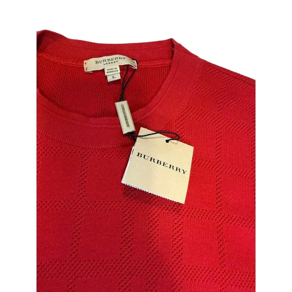 Burberry Brit Mens L Red Tonal Jacquard Check Crewneck Pullover Cotton Sweater